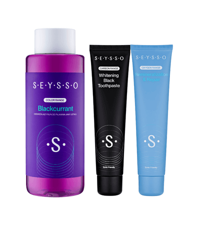 SEYSSO Oral Care Set – Blackcurrant Mouthwash + Carbon Whitening Toothpaste + Oxygen Remineralisation & Repair Toothpaste.
