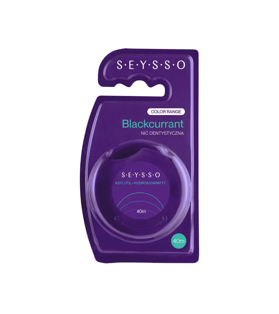 SEYSSO Color Dental Floss – Blackcurrant 40m packaging showing blackcurrant flavor and 40 meters of dental floss.