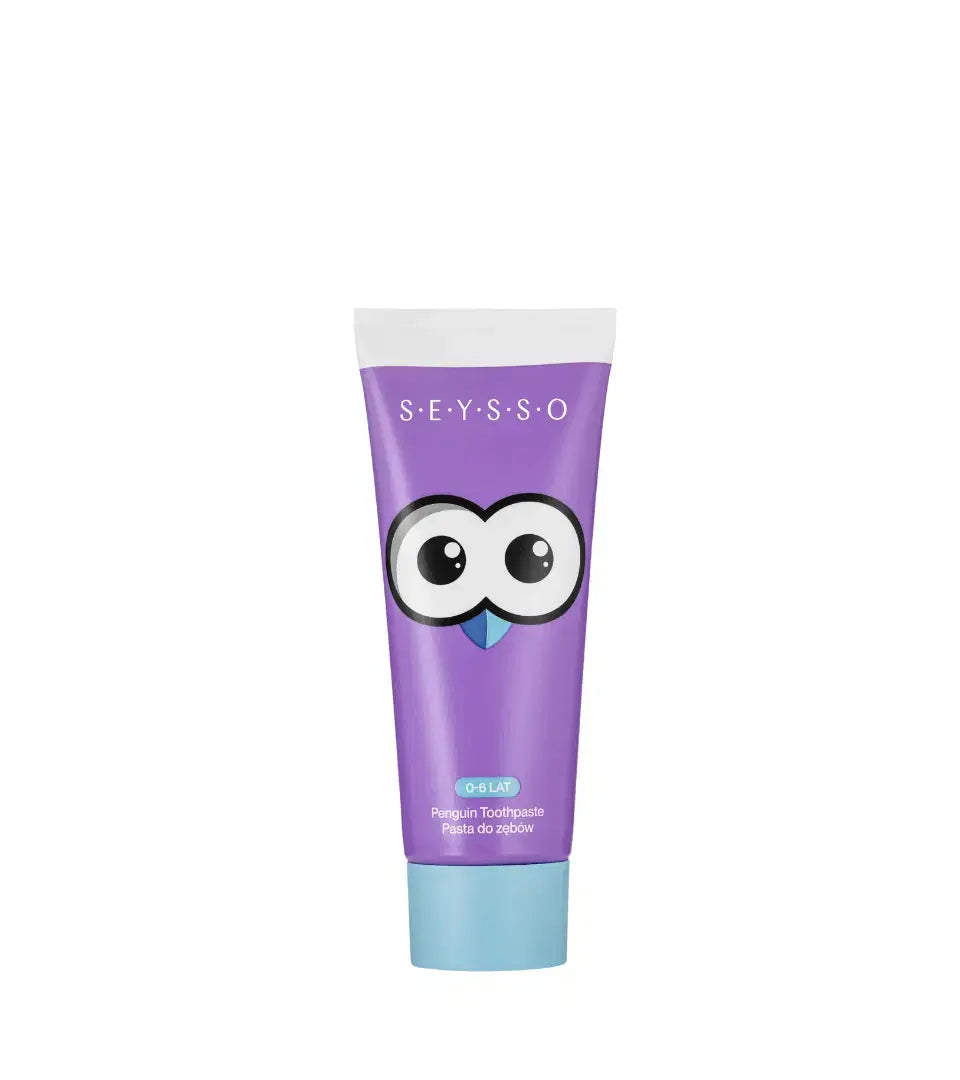 SEYSSO Kids Toothpaste – Penguin (Raspberry & Blueberry) 50ml tube with playful penguin design.