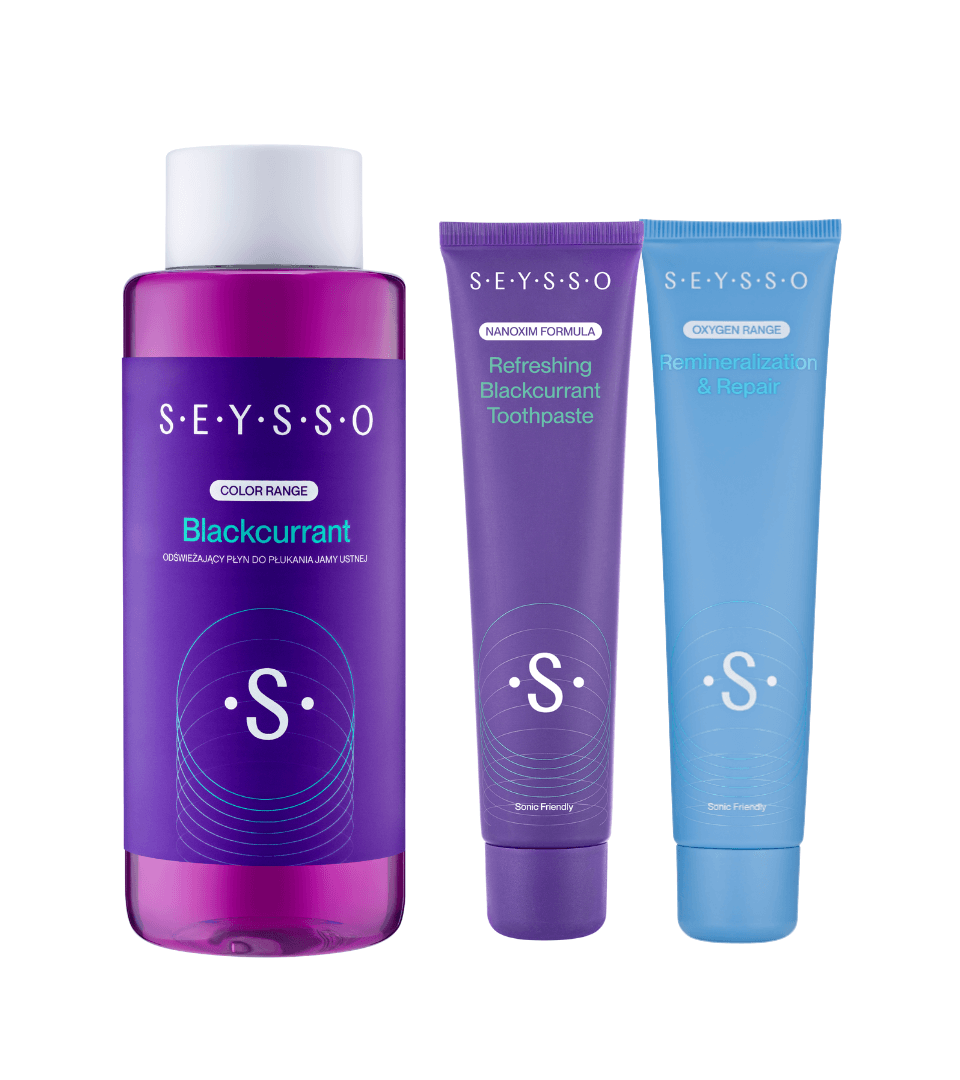 SEYSSO Oral Care Set – Blackcurrant Mouthwash + Color Blackcurrant Toothpaste + Oxygen Remineralise & Repair Toothpaste.