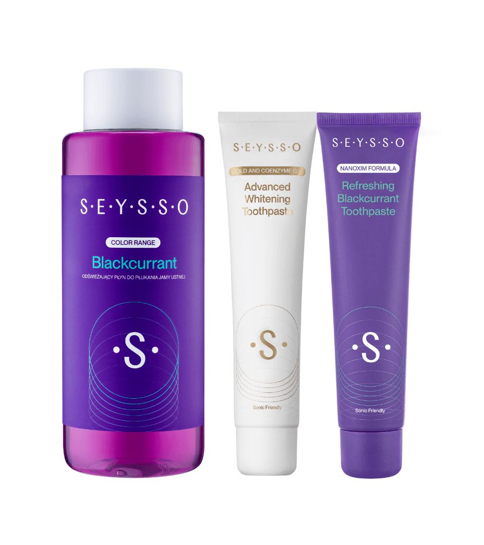 SEYSSO Oral Care Set – Blackcurrant Mouthwash + Gold Advanced Whitening Toothpaste + Color Blackcurrant Toothpaste.