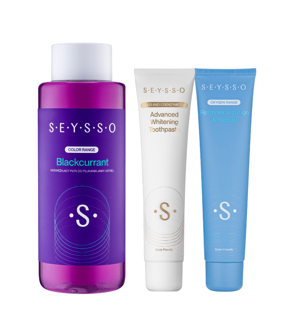 SEYSSO Oral Care Set – Blackcurrant Mouthwash + Gold Advanced Whitening Toothpaste + Oxygen Remineralise & Repair Toothpaste.