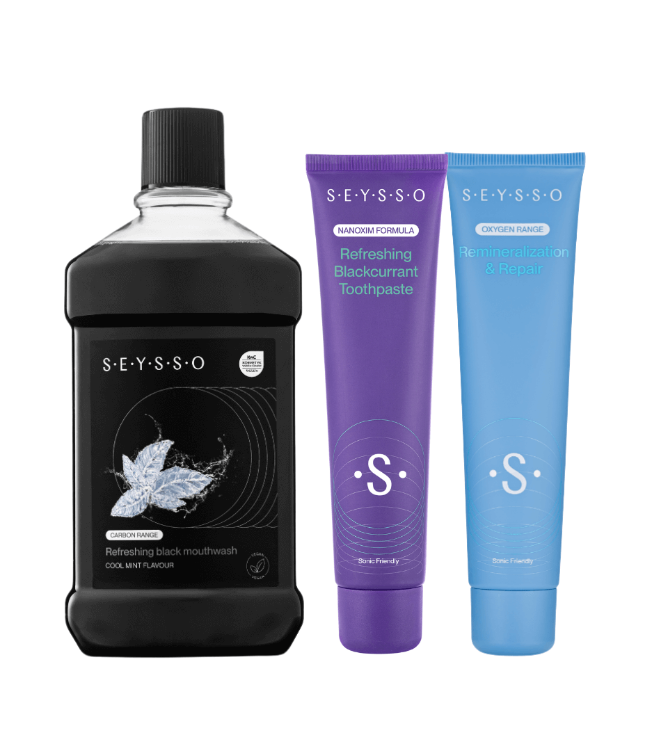 SEYSSO Oral Care Set – Carbon Mouthwash + Color Blackcurrant Toothpaste + Oxygen Remineralise & Repair Toothpaste.