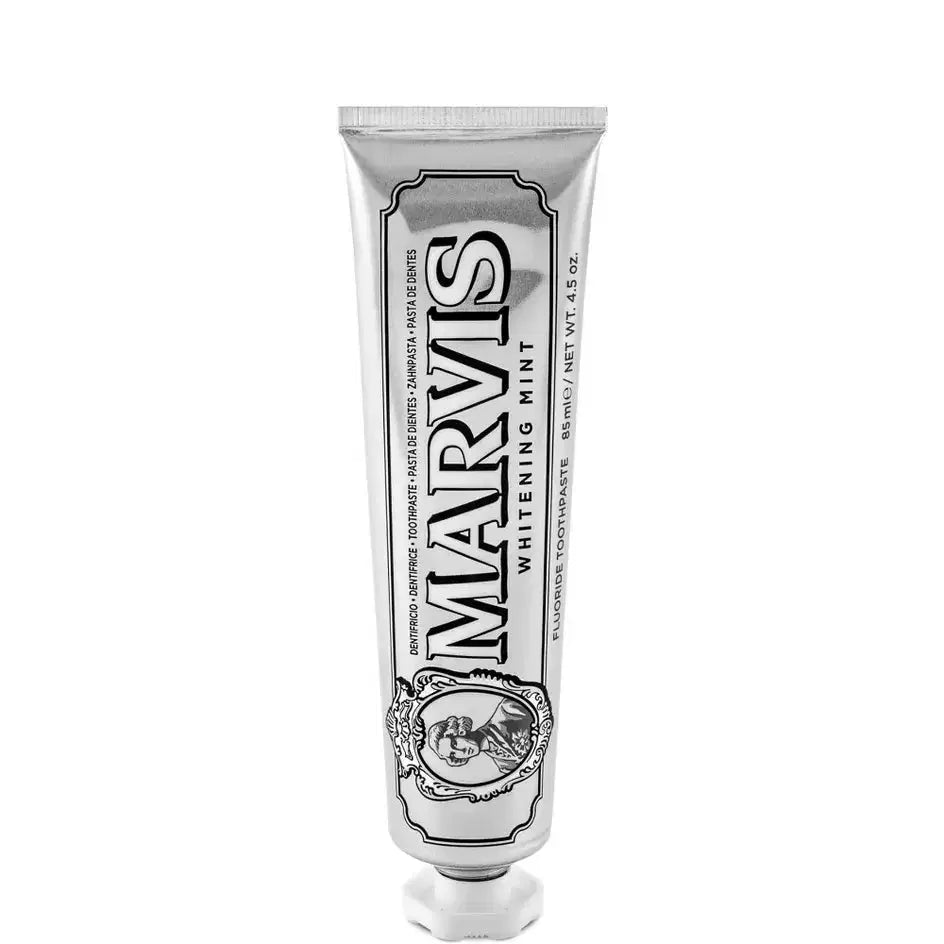 Marvis whitening mint toothpaste tube on a white background