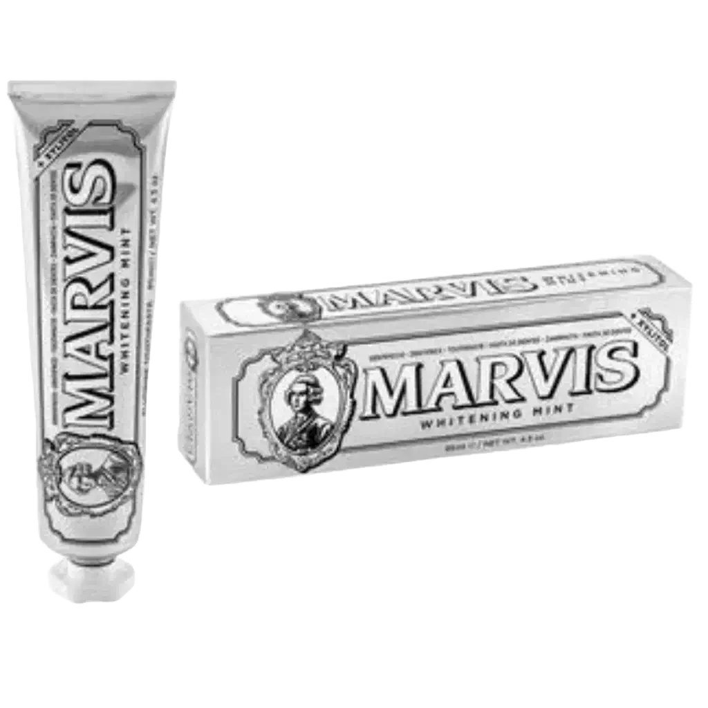 Marvis Whitening Mint Toothpaste tube and box for Daily White Routine – Complete Oral Care Set.