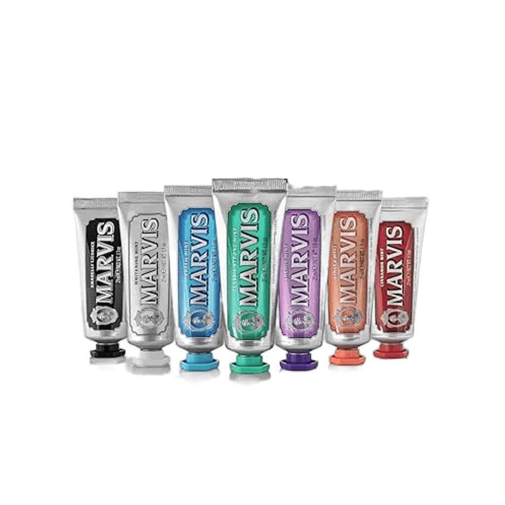 Collection of Marvis toothpaste tubes showcasing Italian luxury and diverse flavors