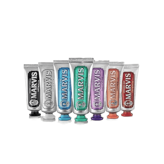 Collection of Marvis toothpaste tubes showcasing Italian luxury and diverse flavors