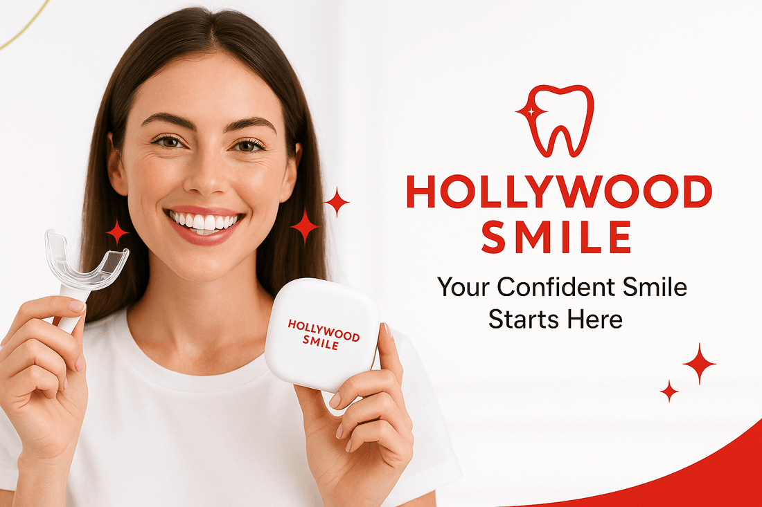 Woman smiling with teeth whitening kits, showcasing Hollywood Smile for brightening smiles easily.