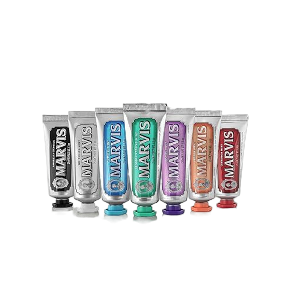 Marvis luxury toothpaste collection displayed in eight colorful tubes.