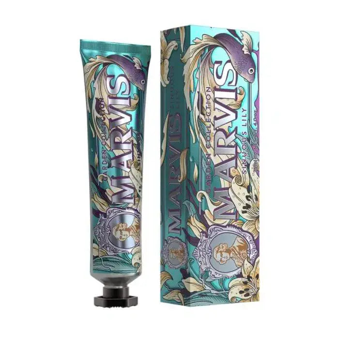 Marvis Toothpaste – Official Flavours featuring a beautifully designed tube and box in a vibrant color scheme.