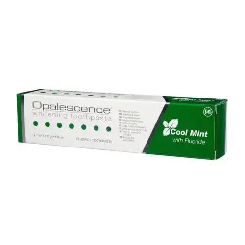 Opalescence Cool Mint Whitening Toothpaste 133 g packaging side view with fluoride listed