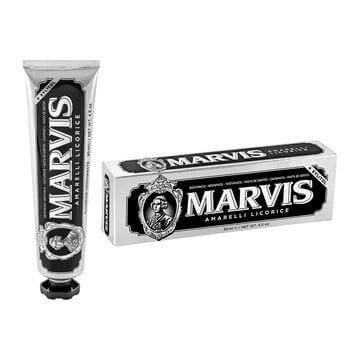 Marvis Amarelli Licorice Mint Toothpaste 85ml packaging and tube displaying luxurious design.