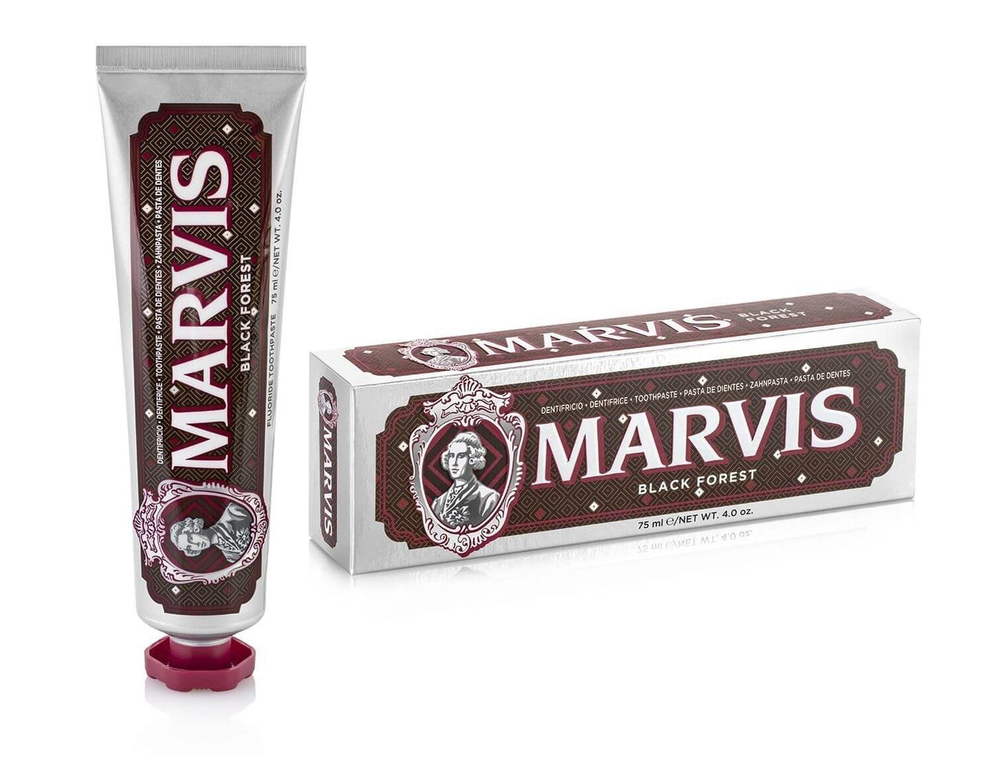 Marvis Black Forest toothpaste tube and box packaging, featuring a unique cherry and chocolate flavor.