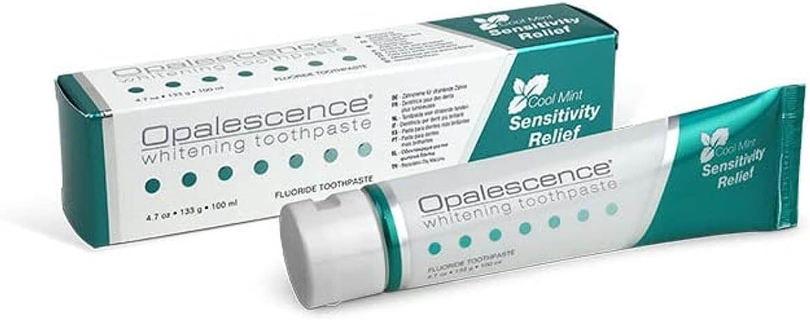 Opalescence Sensitivity Relief Whitening Toothpaste 133 g with packaging and tube for effective stain removal and sensitivity relief.