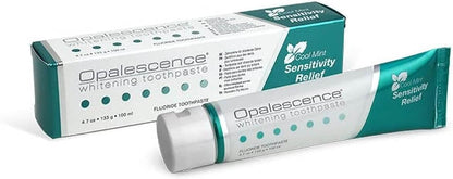 Opalescence Sensitivity Relief Whitening Toothpaste 133 g with packaging and tube for effective stain removal and sensitivity relief.