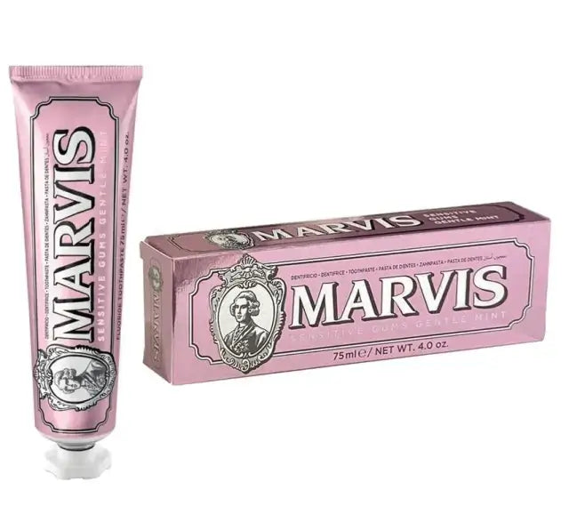 Marvis Sensitive Gums Mint Toothpaste 75ml tube and box showcasing gentle mint formula for sensitive gums.