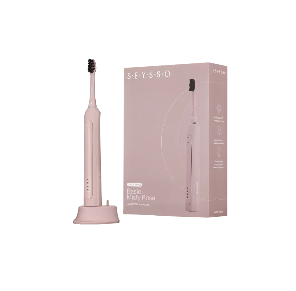 SEYSSO Color Misty Rose Basic Sonic Toothbrush next to its packaging, showcasing elegant design and functionality.