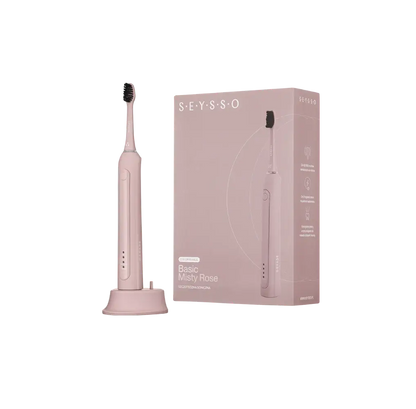 SEYSSO Color Misty Rose Basic Sonic Toothbrush next to its packaging, showcasing elegant design and functionality.