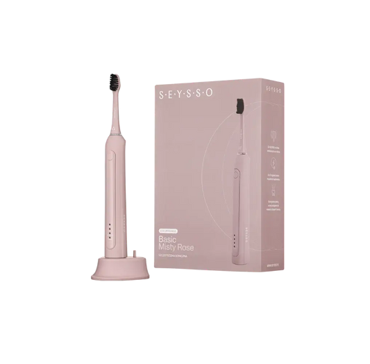 SEYSSO Color Misty Rose Basic Sonic Toothbrush next to its packaging, showcasing elegant design and functionality.