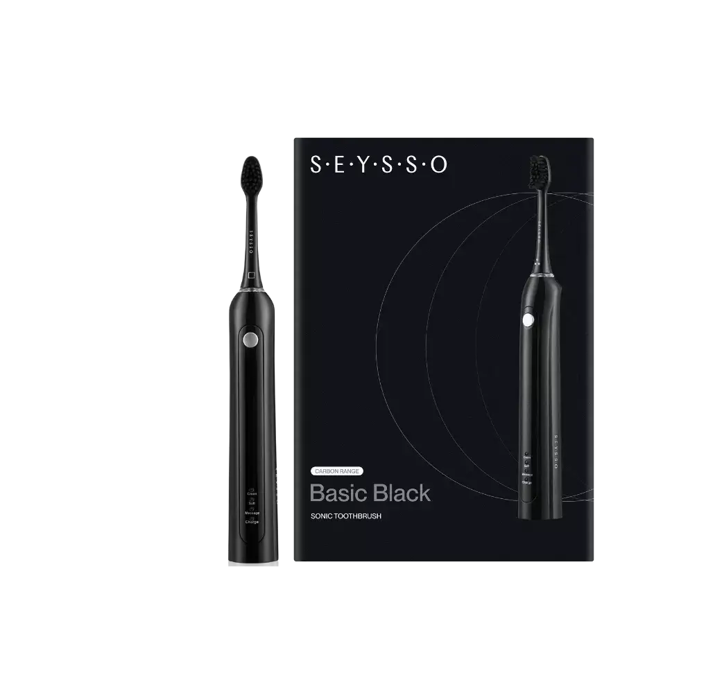 SEYSSO Carbon Basic Black Sonic Toothbrush next to stylish packaging in matte black design.