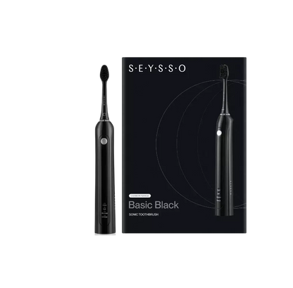 SEYSSO Carbon Basic Black Sonic Toothbrush next to stylish packaging in matte black design.
