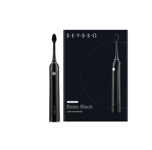 SEYSSO Carbon Basic Black Sonic Toothbrush next to stylish packaging in matte black design.
