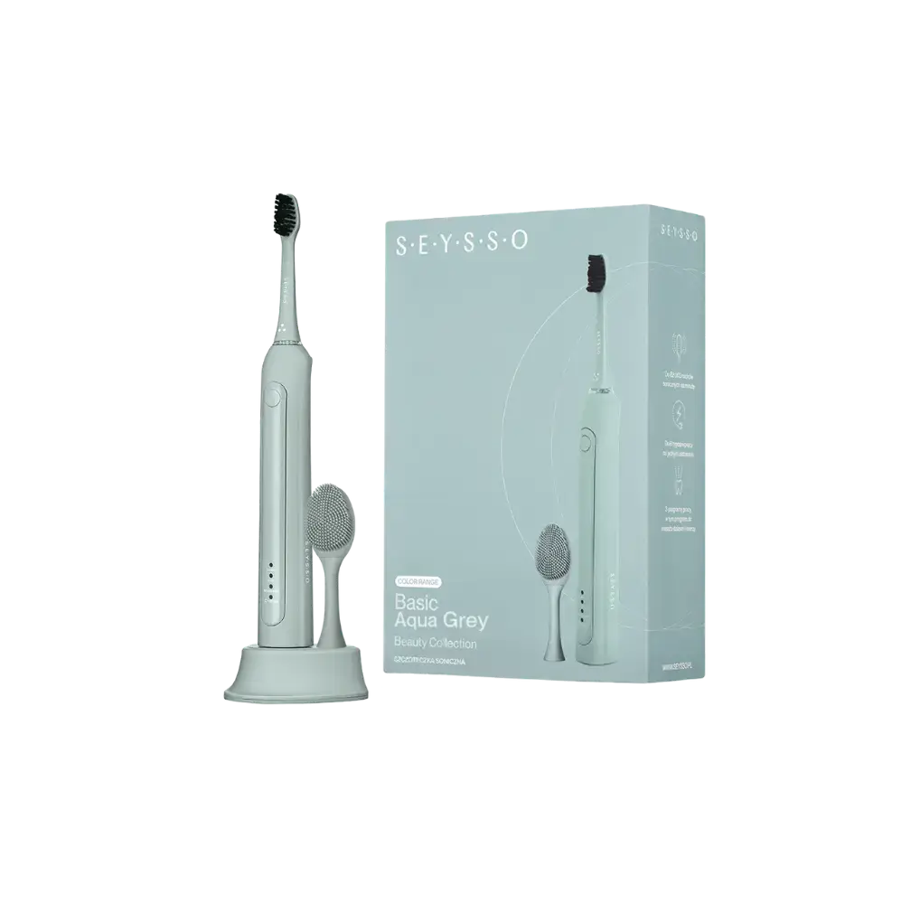 SEYSSO Basic Color Aqua Grey Sonic Toothbrush and packaging in Aqua Grey finish.