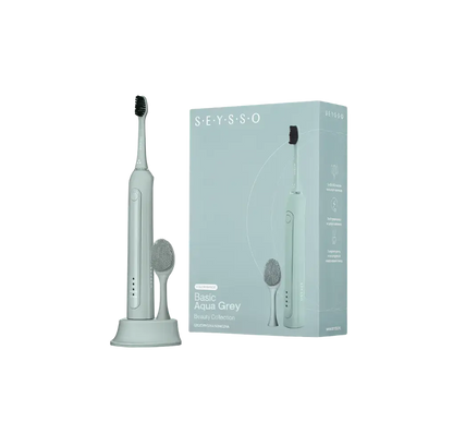 SEYSSO Basic Color Aqua Grey Sonic Toothbrush and packaging in Aqua Grey finish.