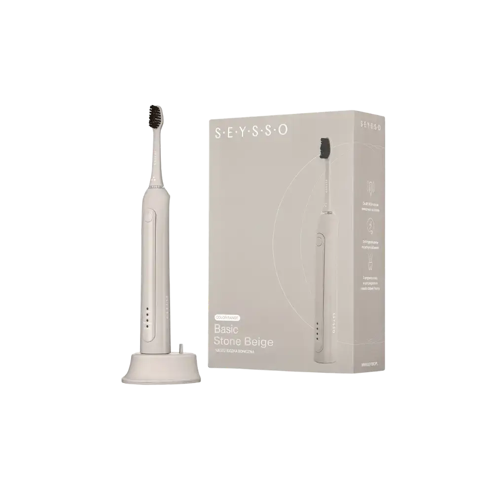 SEYSSO Color Stone Beige Basic Sonic Toothbrush beside its packaging, highlighting its modern design and color.
