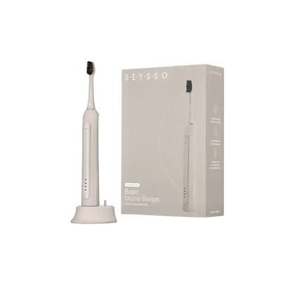 SEYSSO Color Stone Beige Basic Sonic Toothbrush beside its packaging, highlighting its modern design and color.