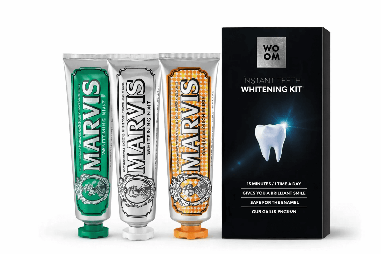 Daily White Routine – Complete Oral Care Set featuring Marvis toothpastes and WOOM whitening kit.