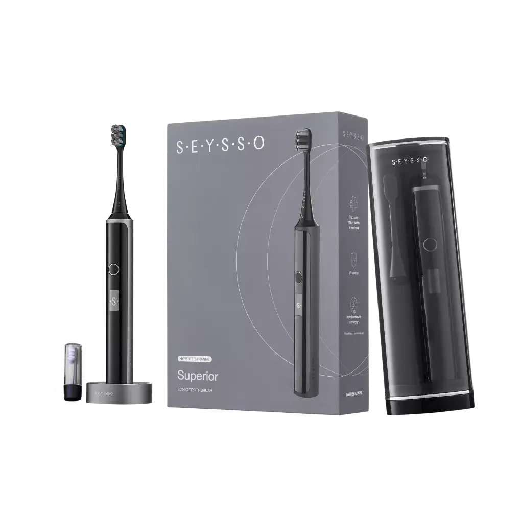SEYSSO Hypertech Superior Sonic Toothbrush and packaging showcasing advanced oral care technology.