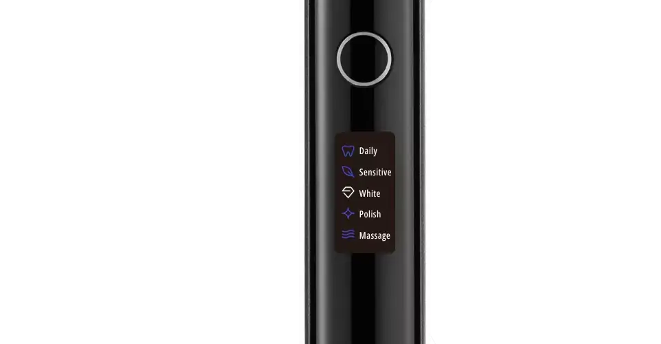Close-up of the SEYSSO Hypertech Superior Sonic Toothbrush control panel with various brushing modes.
