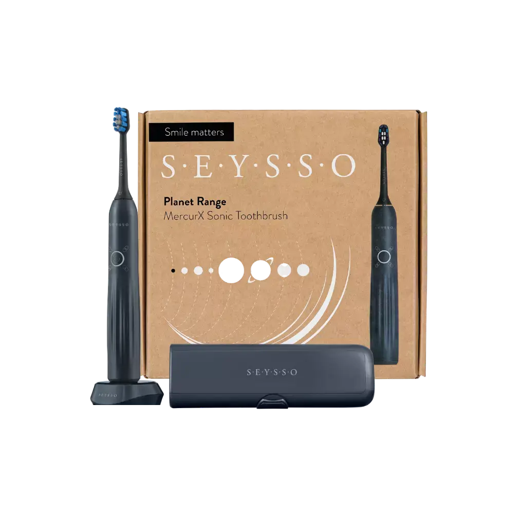 SEYSSO Planet MercurX Sonic Toothbrush in its packaging with a sleek design and charging case.