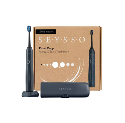 SEYSSO Planet MercurX Sonic Toothbrush in its packaging with a sleek design and charging case.
