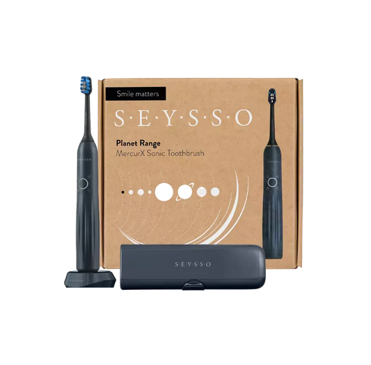 SEYSSO Planet MercurX Sonic Toothbrush in its packaging with a sleek design and charging case.