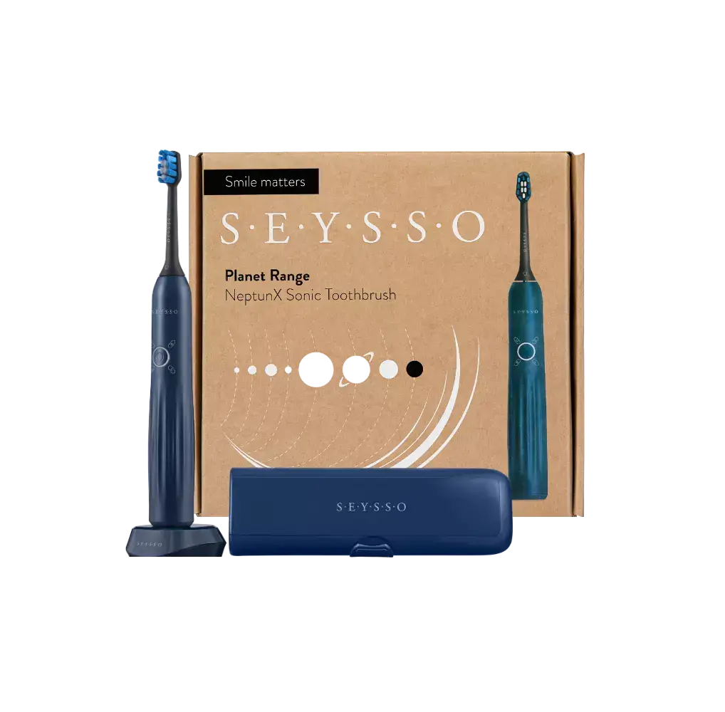 SEYSSO Planet NeptunX Sonic Toothbrush in navy design with compact travel case.