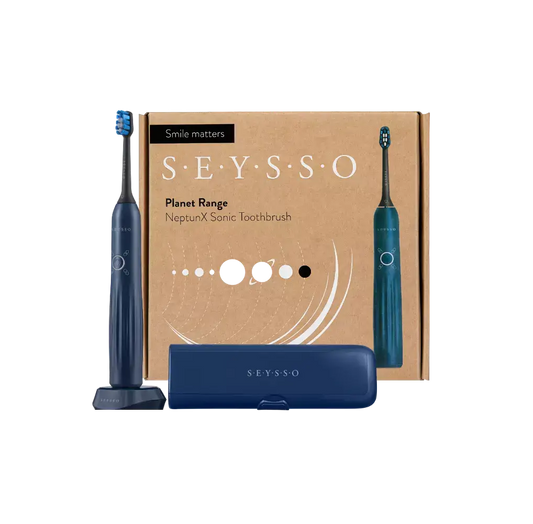 SEYSSO Planet NeptunX Sonic Toothbrush in navy design with compact travel case.