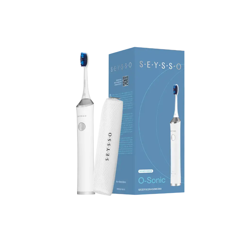 SEYSSO Oxygen O-Sonic Sonic Toothbrush with packaging and travel case, showcasing modern dental hygiene technology.
