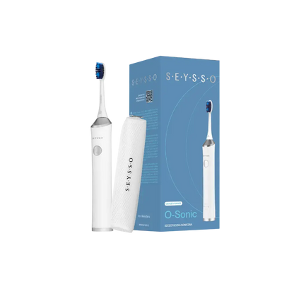 SEYSSO Oxygen O-Sonic Sonic Toothbrush with packaging and travel case, showcasing modern dental hygiene technology.