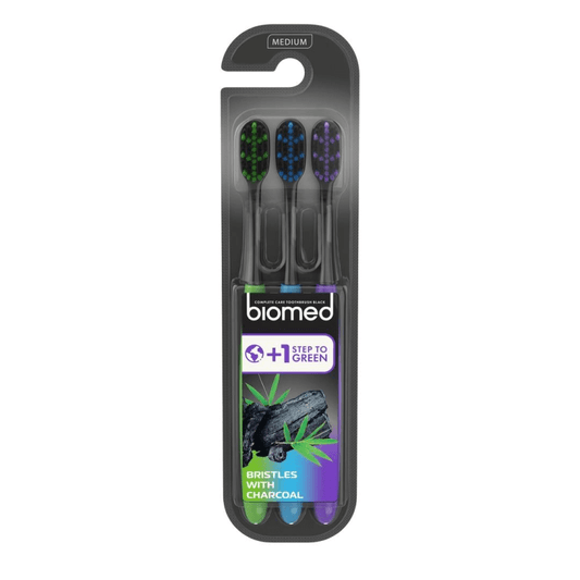 BIOMED Medium Toothbrush with Activated Charcoal – 3-Pack (2+1).