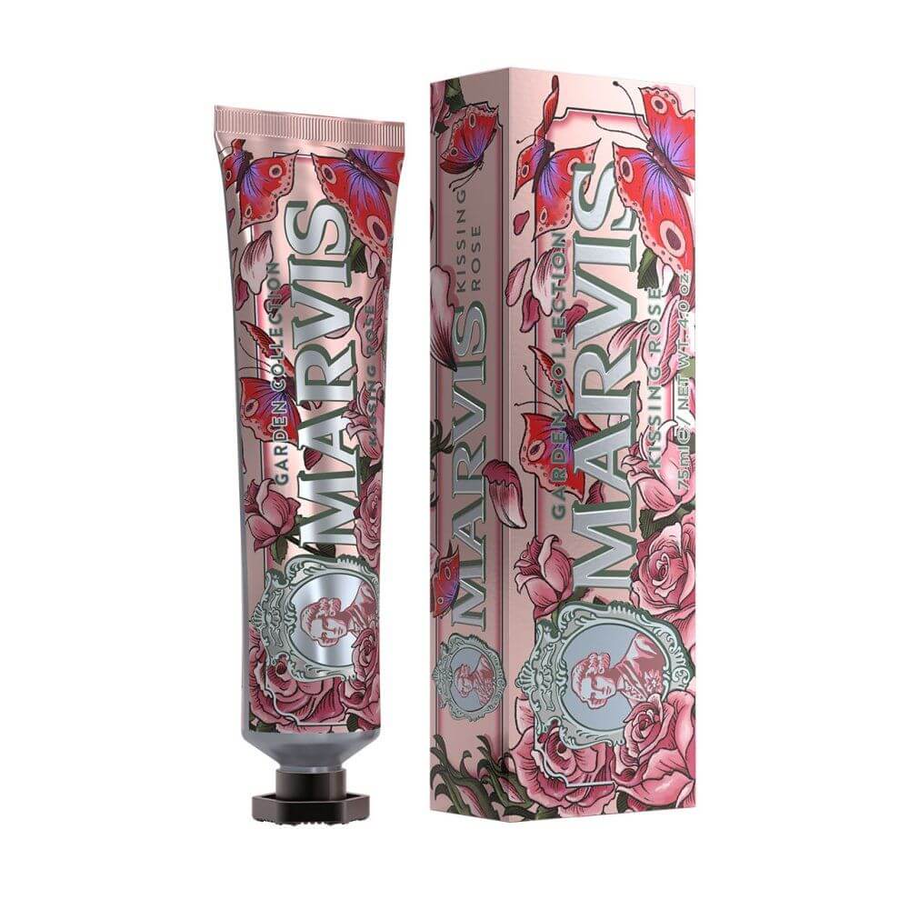 Marvis Kissing Rose Toothpaste 75ml tube and box with floral design.