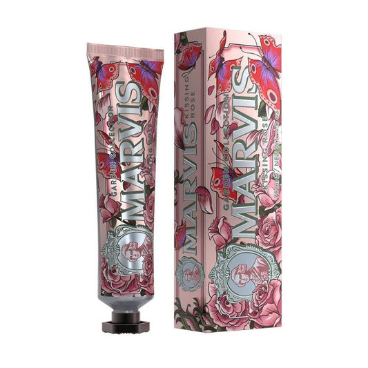 Marvis Kissing Rose Toothpaste 75ml tube and box with floral design.