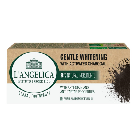 L'Angelica toothpaste box with activated charcoal on a white background