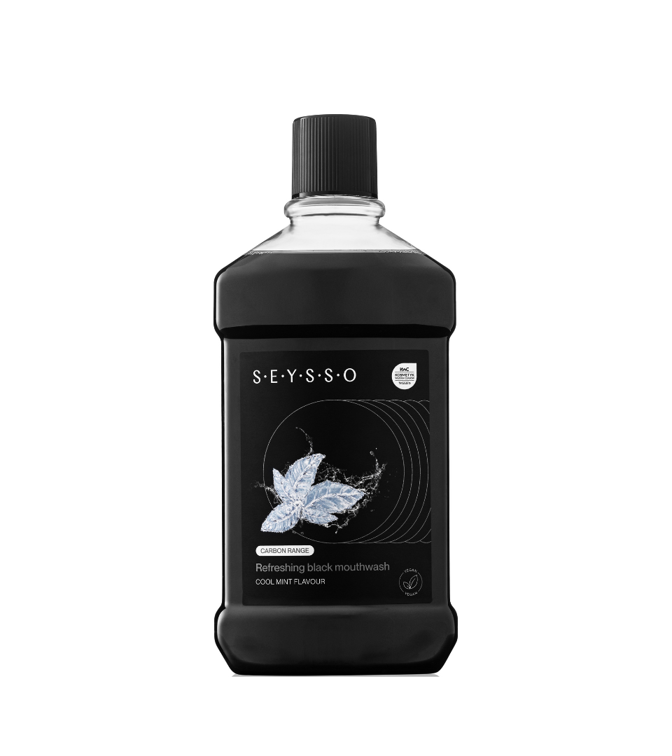 Black mouthwash bottle with brand logo on a white background