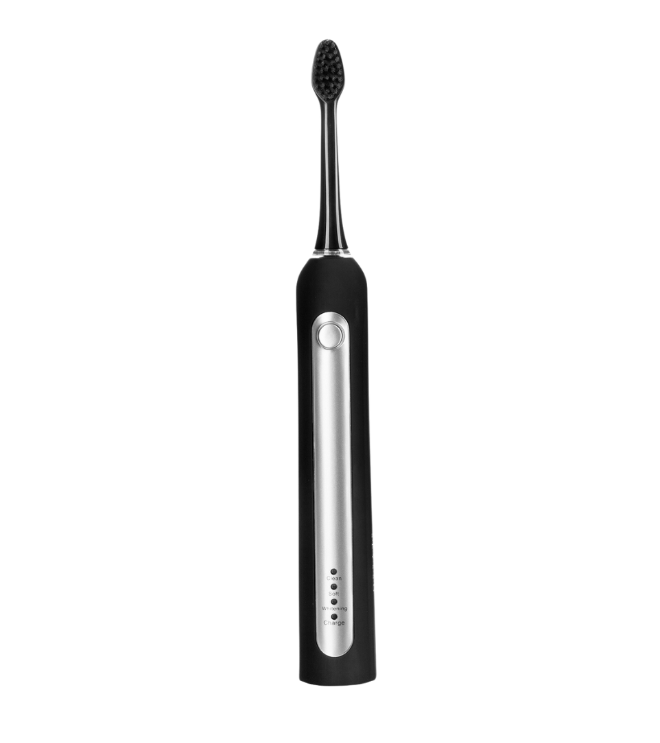 Black and silver electric toothbrush on a white background
