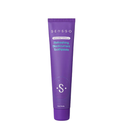Purple toothpaste tube with 'SEYSSO' branding on a white background