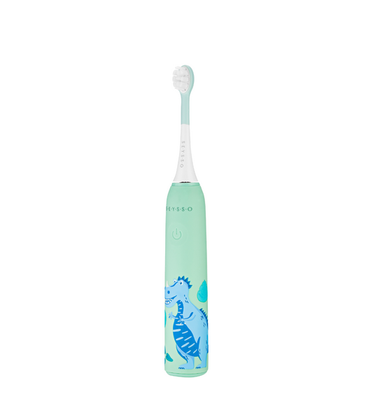 Children's electric toothbrush with dinosaur design on a white background