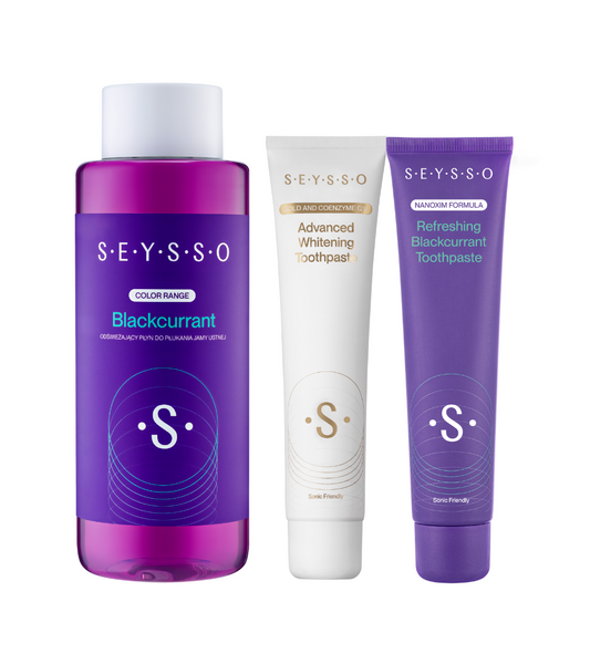 SEYSSO Oral Care Set – Blackcurrant Mouthwash + Gold Advanced Whitening Toothpaste + Color Blackcurrant Toothpaste