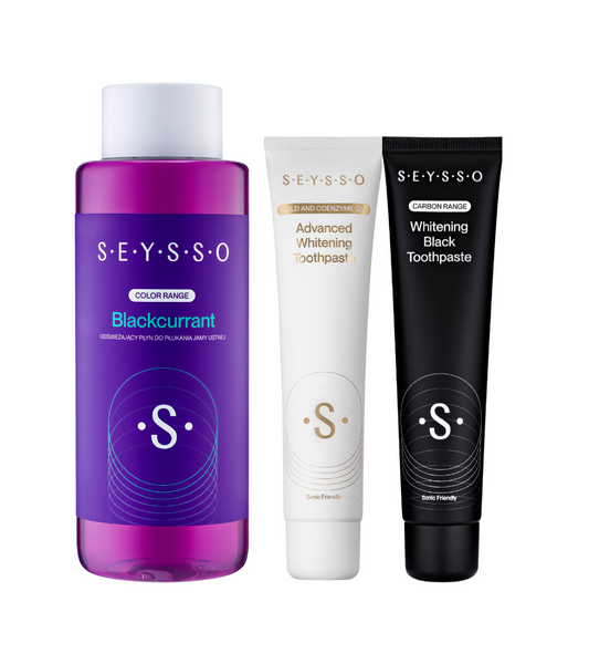 SEYSSO Oral Care Set – Blackcurrant Mouthwash + Gold Advanced Whitening Toothpaste + Carbon Whitening Toothpaste